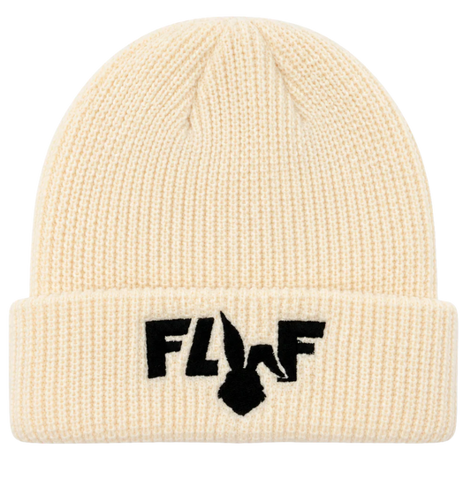 FLUF WORLD KNITTED CUFF BEANIE CREAM - FLUF LOGO